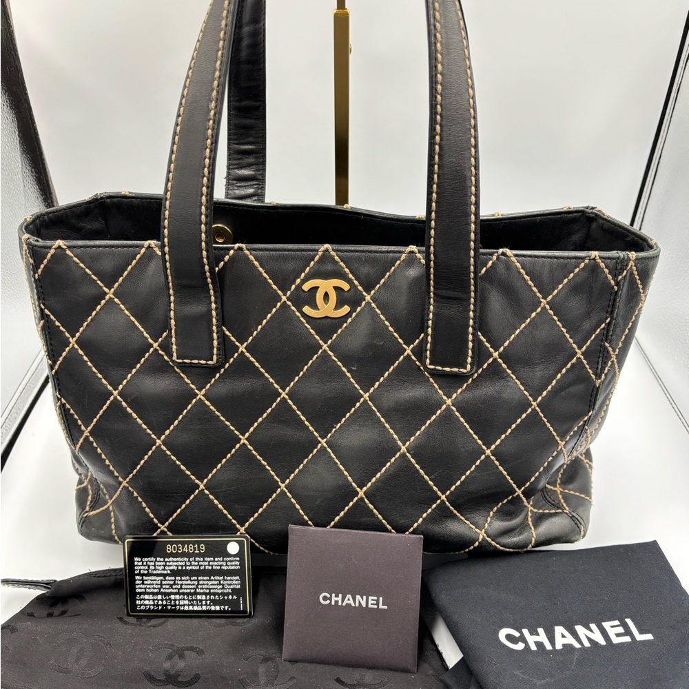 Authentic Chanel Wild Stitch Pleated Tote Bag with Pouch Insert